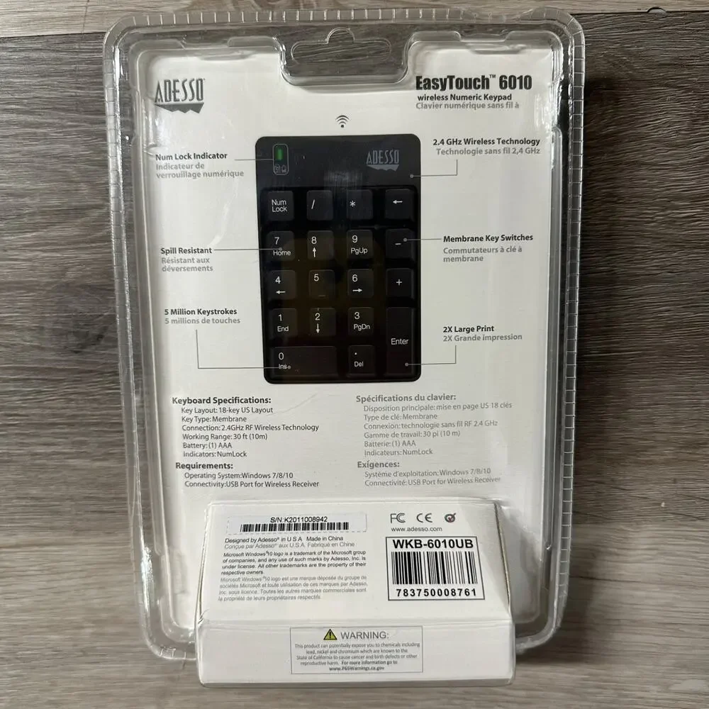 Adesso EasyTouch 6010 Wireless Numeric Keypad, Sealed, New in box